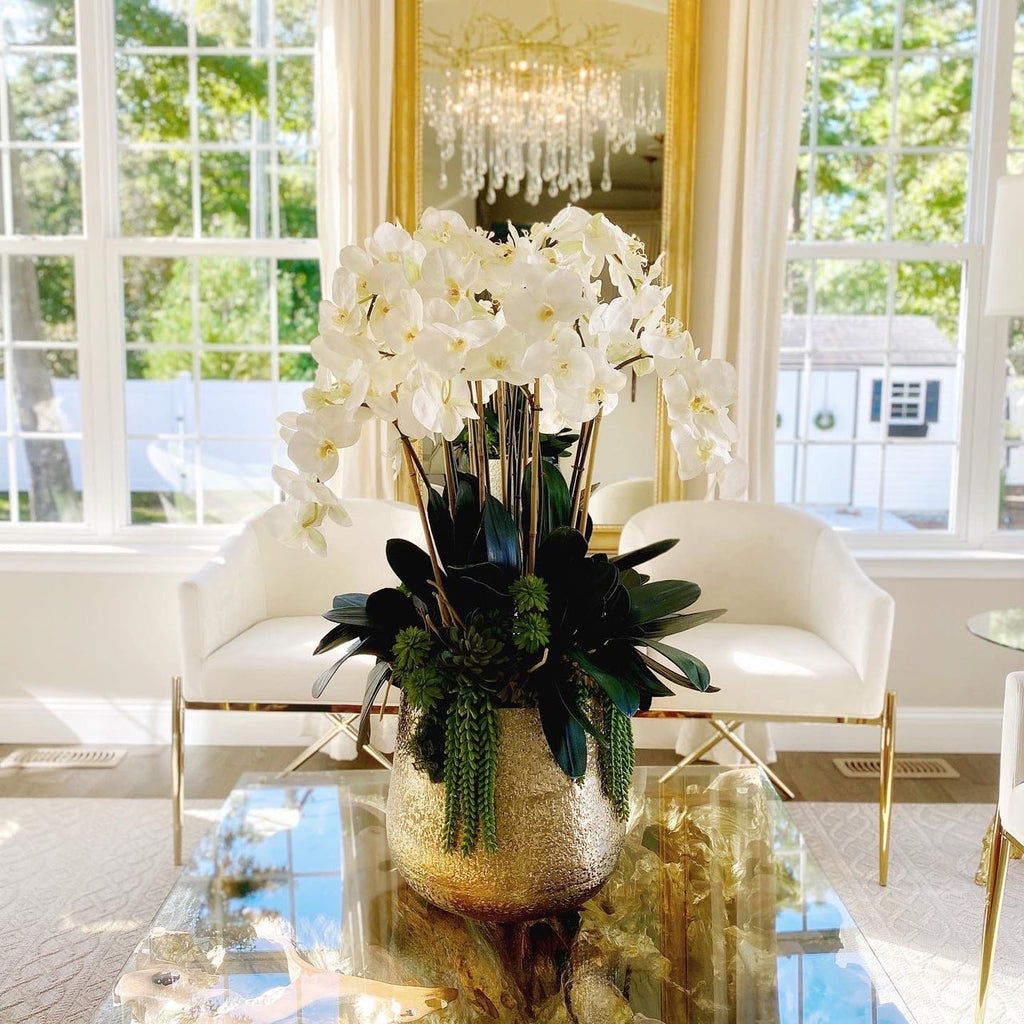 Premium Delaney vase in gold with multiple phalaenopsis orchid stems and succulents