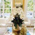 Premium Delaney vase in gold with multiple phalaenopsis orchid stems and succulents