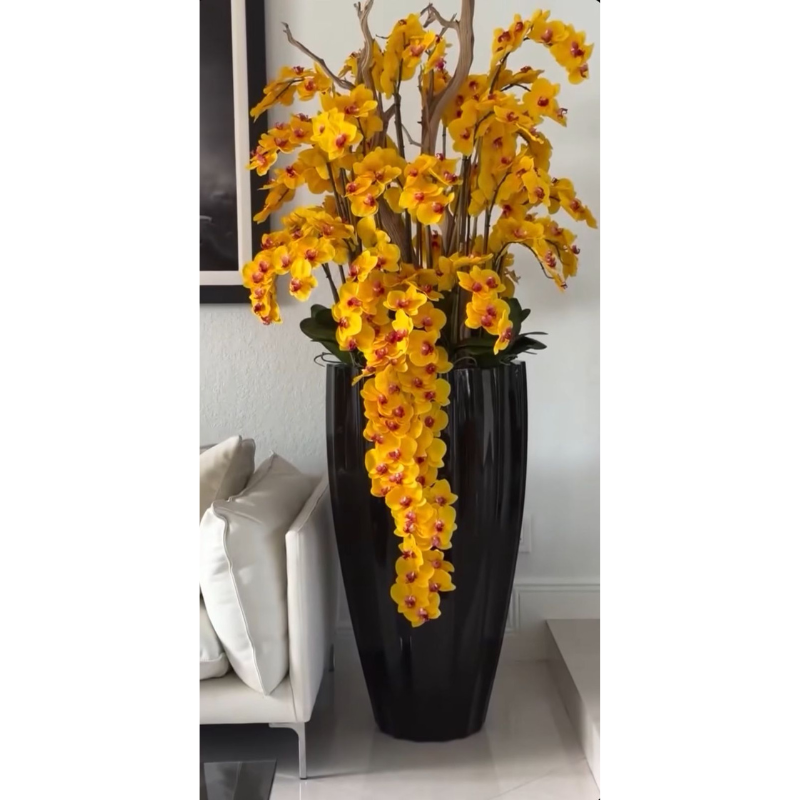 Premium San Jose Vase in sandy beige with white orchids in a waterfall design