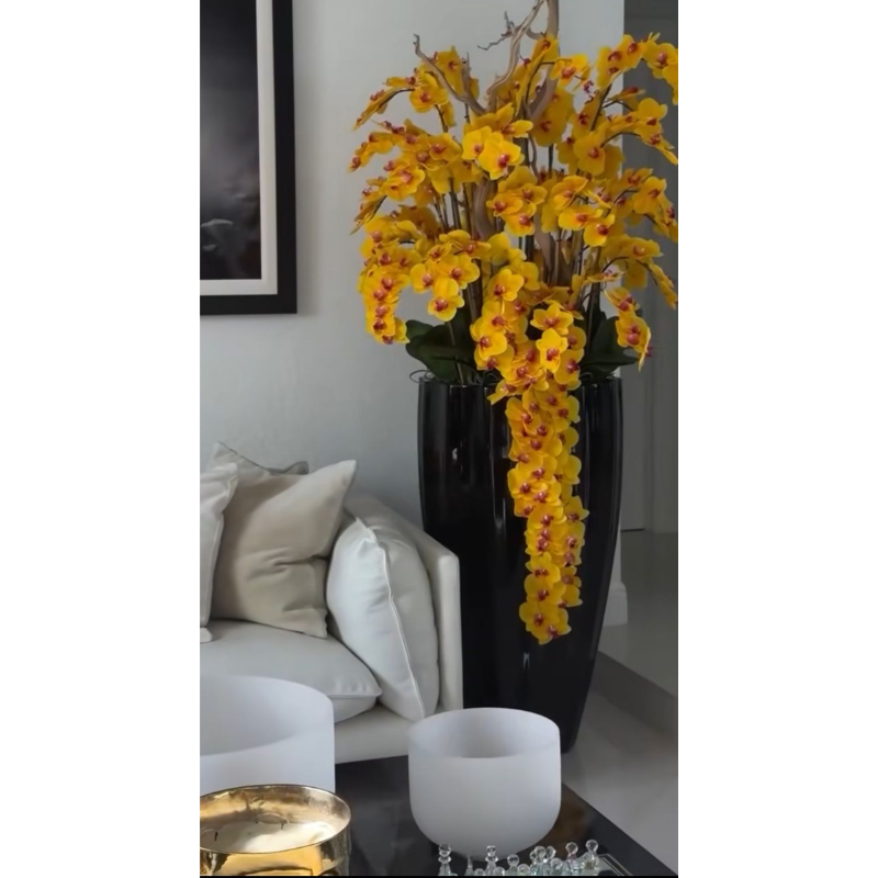 Premium San Jose Vase in sandy beige with white orchids in a waterfall design