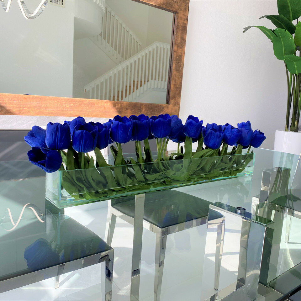 Premium Modern Glass Vase with Blue Tulips