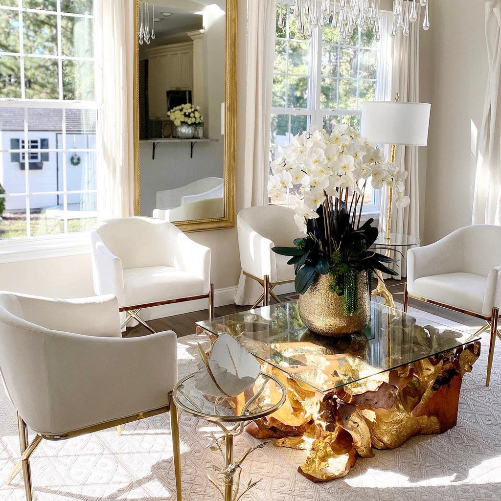 Premium Delaney vase in gold with multiple phalaenopsis orchid stems and succulents