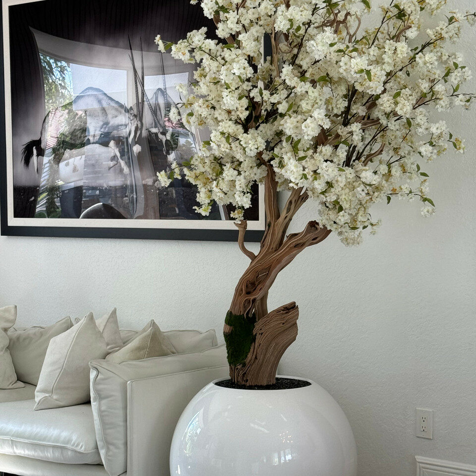 Premium Personalized Cherry Blossom Tree in Glossy White Sphere Vase