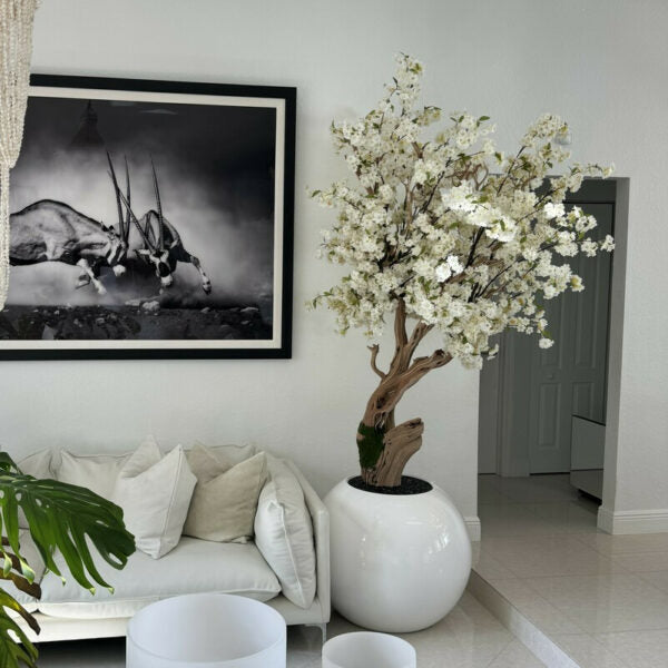 Premium Personalized Cherry Blossom Tree in Glossy White Sphere Vase