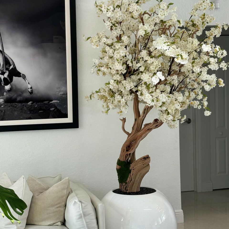 Premium Personalized Cherry Blossom Tree in Glossy White Sphere Vase