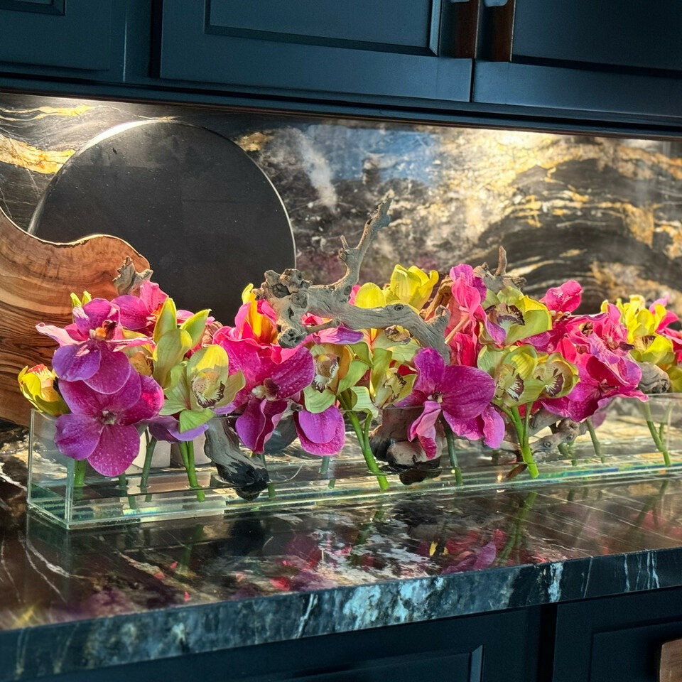 Premium Modern Glass House Vase with Pink Vanda Orchids and Green Cymbidiums