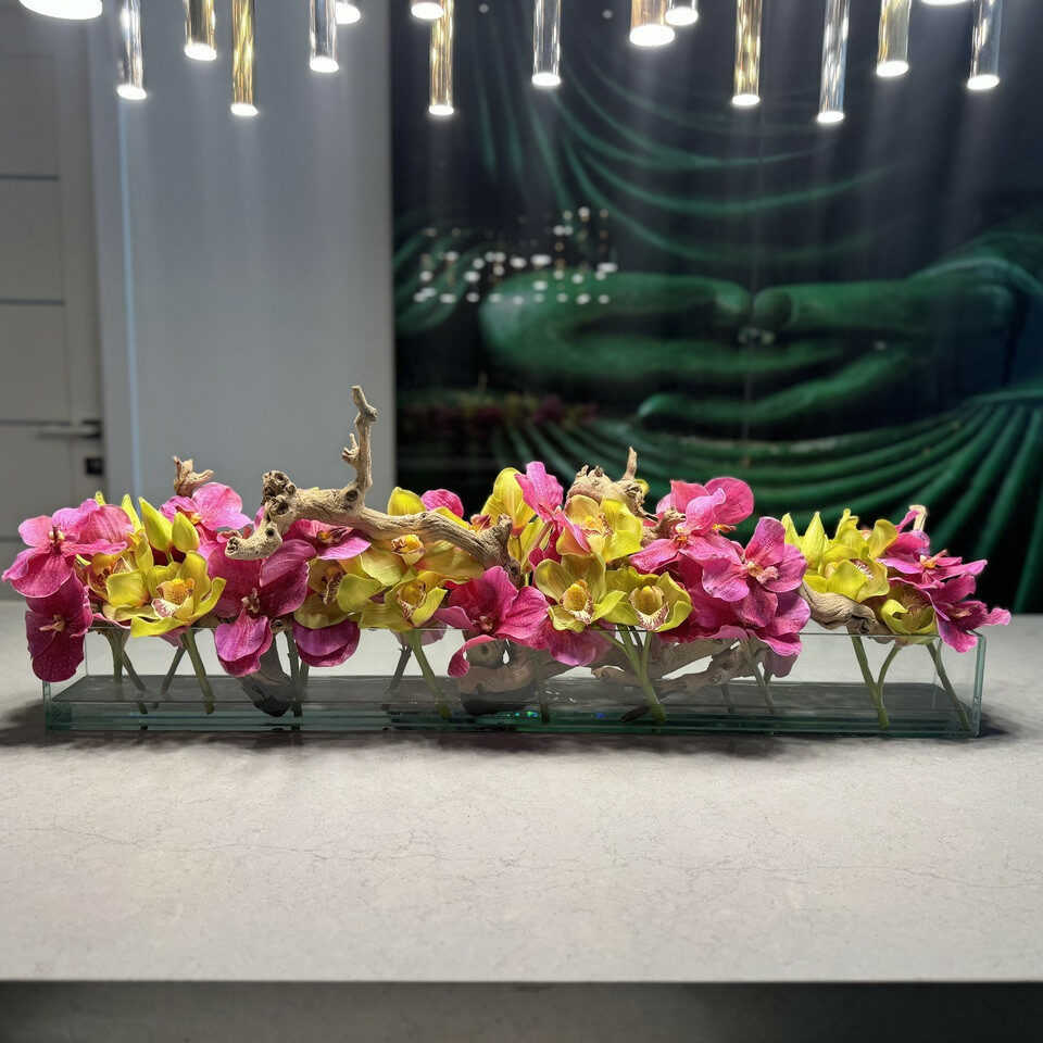 Premium Modern Glass House Vase with Pink Vanda Orchids and Green Cymbidiums
