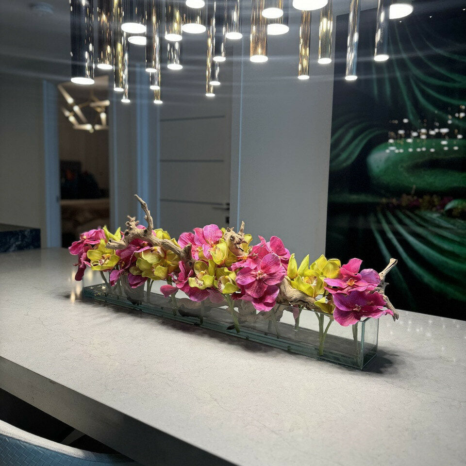 Premium Modern Glass House Vase with Pink Vanda Orchids and Green Cymbidiums