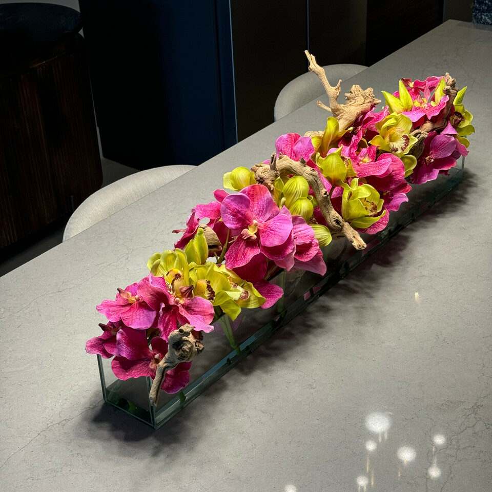 Premium Modern Glass House Vase with Pink Vanda Orchids and Green Cymbidiums