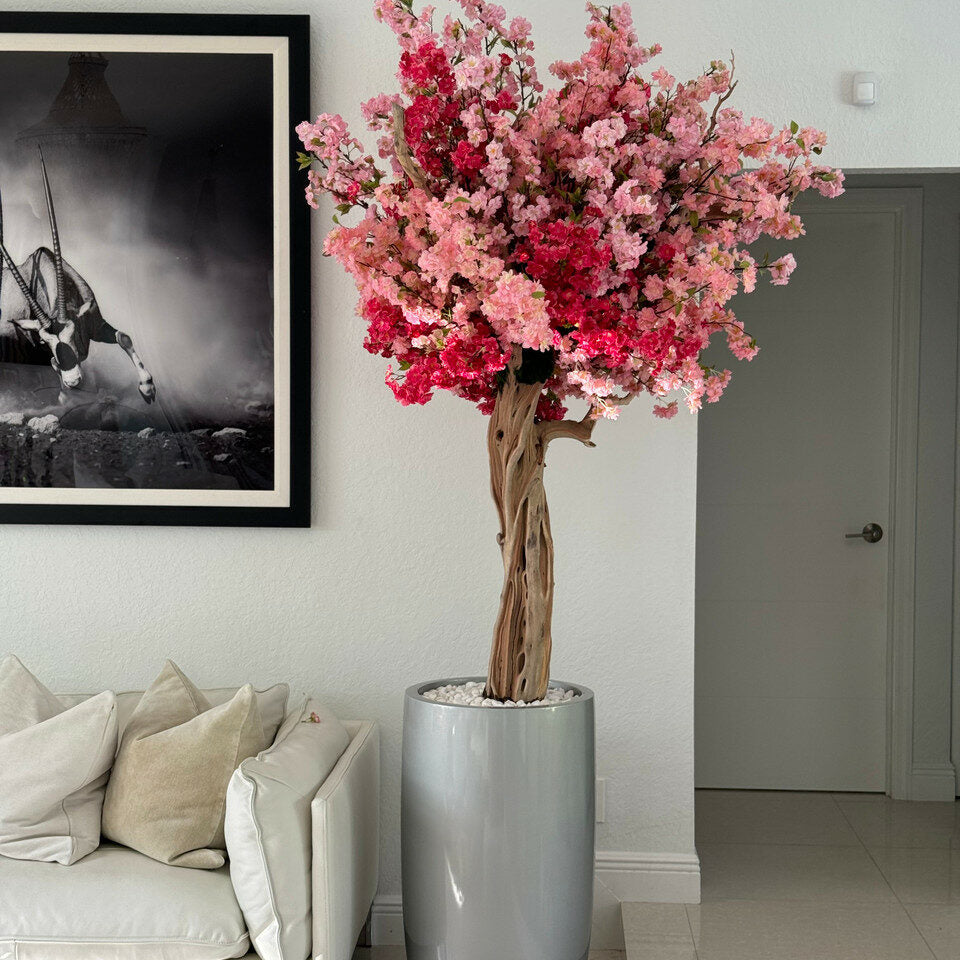 Premium Lisbon Vase in glossy silver with personalised three-tone pink cherry blossom