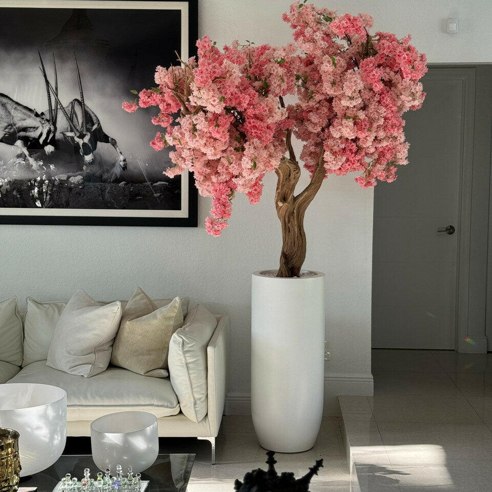 Premium Matte weiße St. Tropez-Vase mit personalisierten rosa Kirschblüten