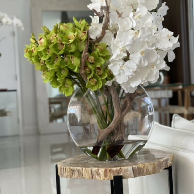 Premium moon vase with white Vanda orchids and green Cymbidiums