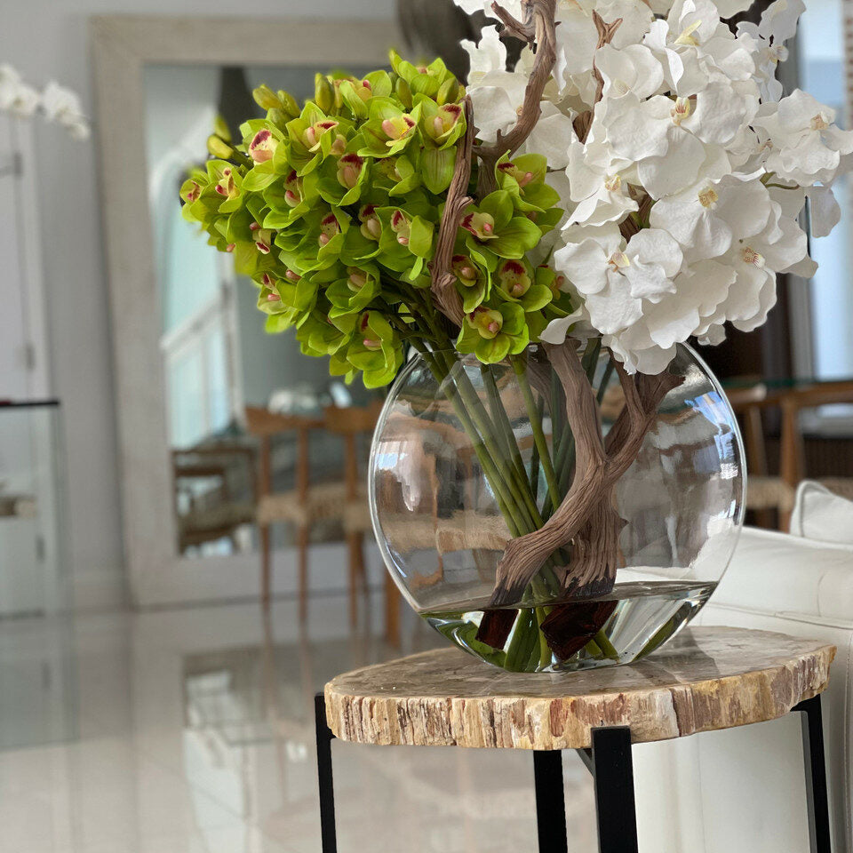 Premium moon vase with white Vanda orchids and green Cymbidiums