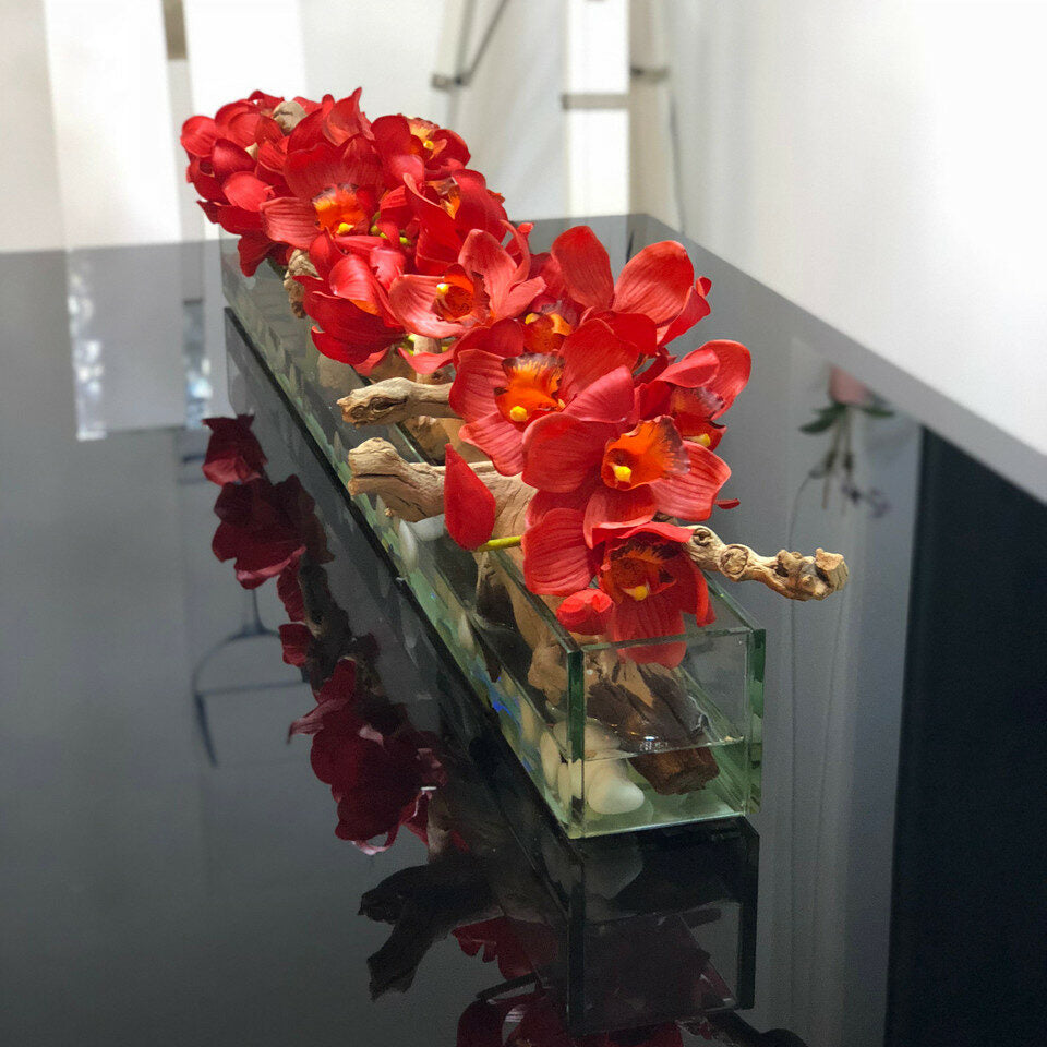 Premium Modern Glass Planter "Modern Home" 122 cm with Red Cymbidiums