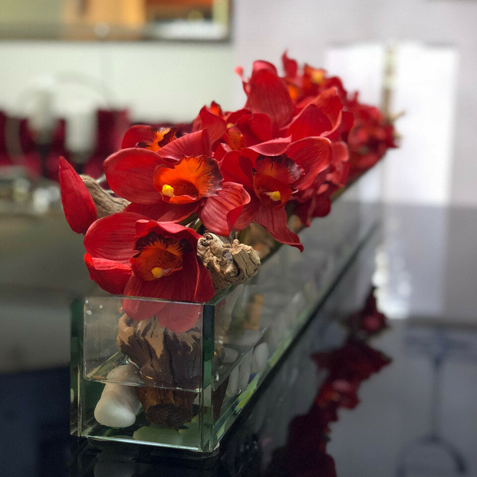 Premium Modern Glass House Vase with Red Cymbidiums