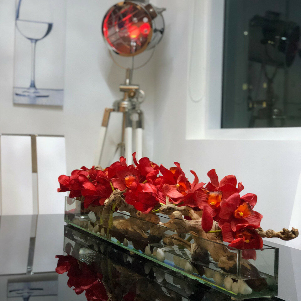 Premium Modern Glass Planter "Modern Home" 122 cm with Red Cymbidiums