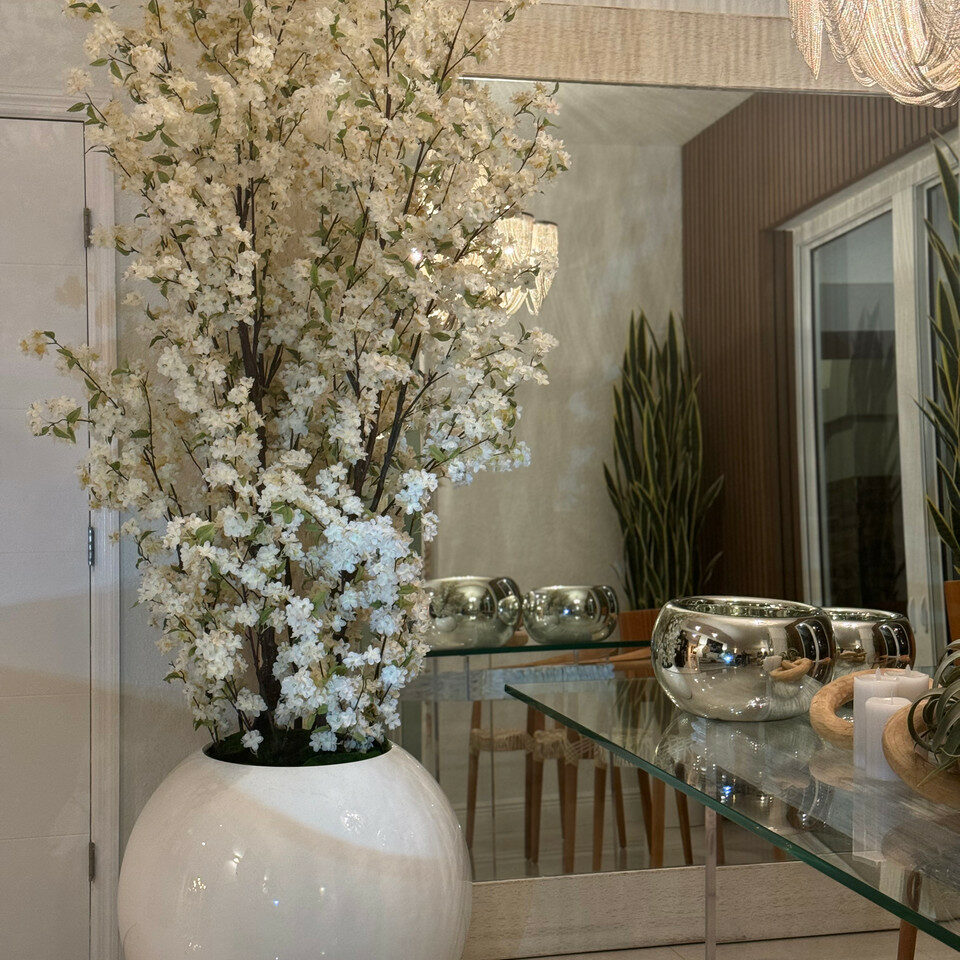 Premium Glossy White Ball Vase with White Cherry Blossom Branches - 185 cm