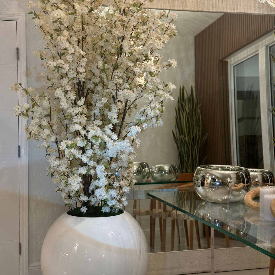 Premium Glossy White Ball Vase with White Cherry Blossom Branches - 185 cm
