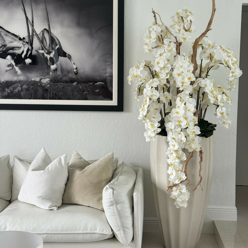 Premium San Jose Vase in sandy beige with white orchids in a waterfall design