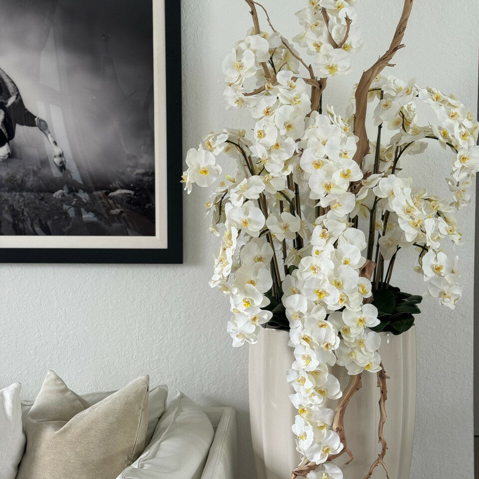 Premium San Jose Vase in sandy beige with white orchids in a waterfall design