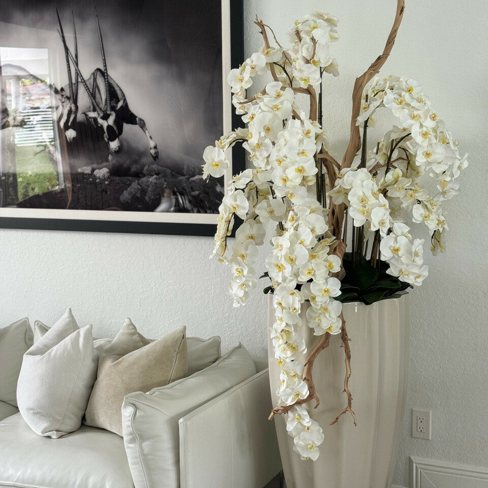 Premium San Jose Vase in sandy beige with white orchids in a waterfall design