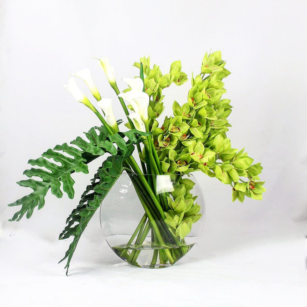 Premium Moon Vase with green Cymbidiums and Callas