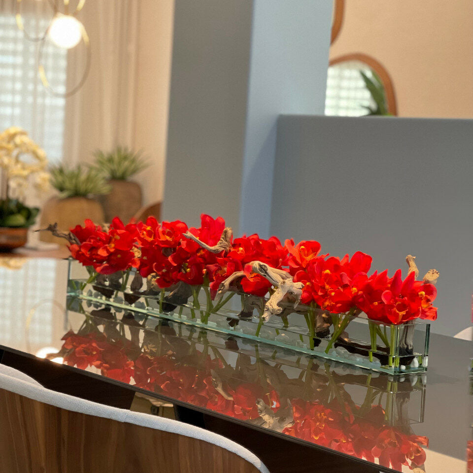 Premium Modern Glass House Vase with Red Cymbidiums