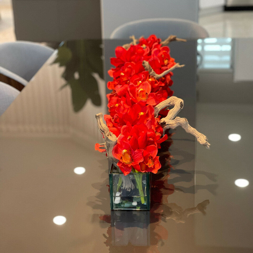 Premium Modern Glass Planter "Modern Home" 122 cm with Red Cymbidiums