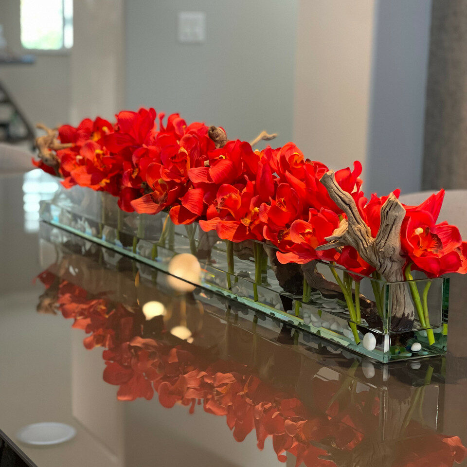 Premium Modern Glass House Vase with Red Cymbidiums