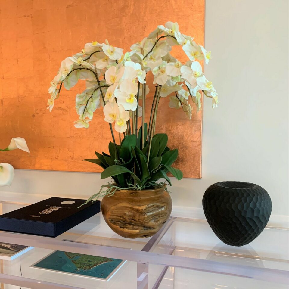 Premium Large Teak Bowl with White Orchids