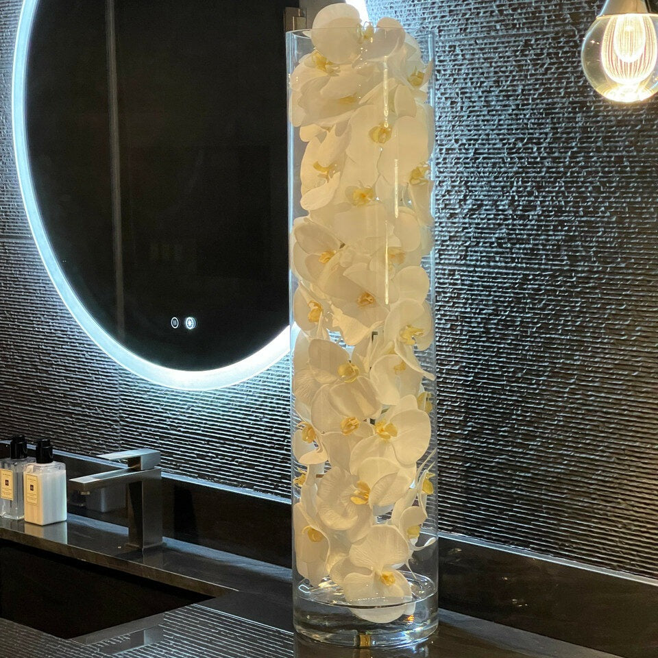 Premium Glaszylinder mit weißen Phalaenopsis-Orchideen