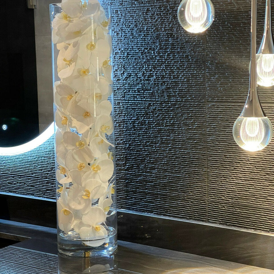 Premium glass cylinder with white phalaenopsis orchids