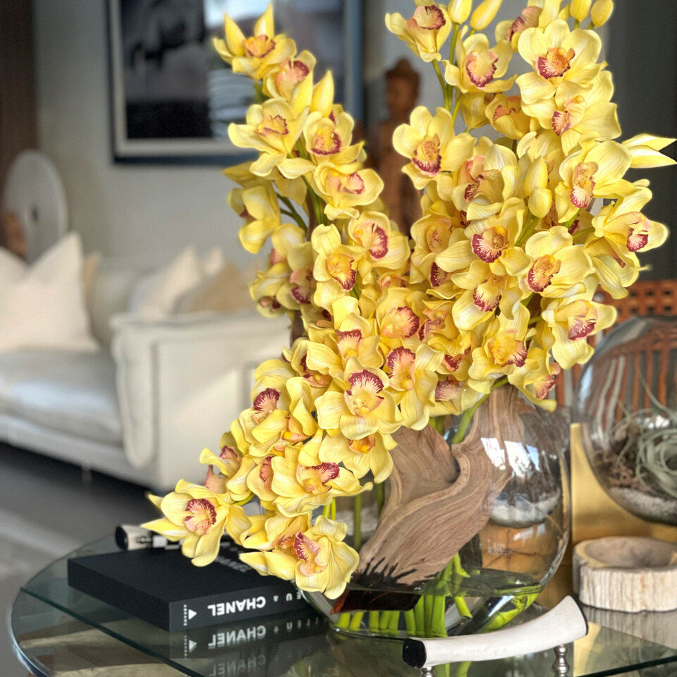 Premium Yellow Cymbidium Orchids in Moon Vase