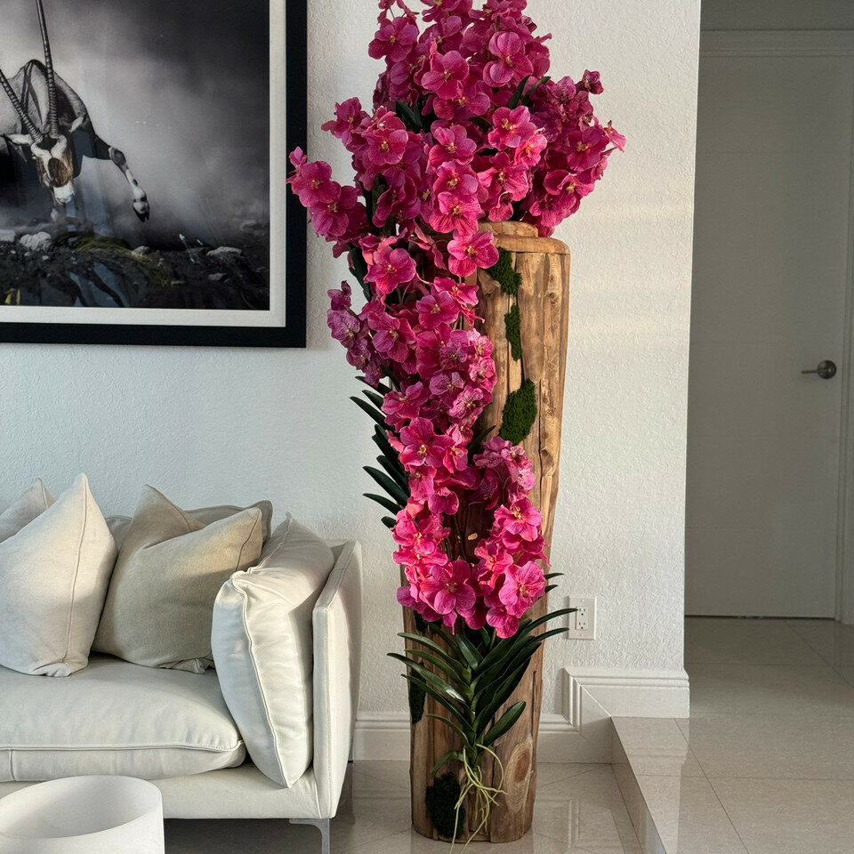 Premium Large Teak Wood Vase with Natural Edges and Pink Vanda Orchids