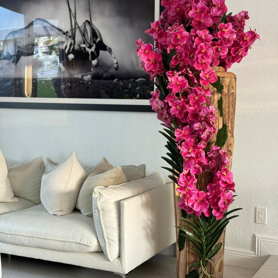 Premium Large Teak Wood Vase with Natural Edges and Pink Vanda Orchids