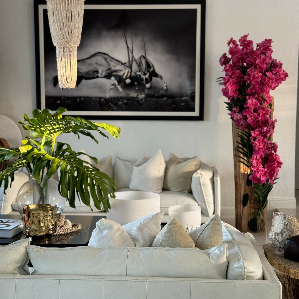 Premium Large Teak Wood Vase with Natural Edges and Pink Vanda Orchids