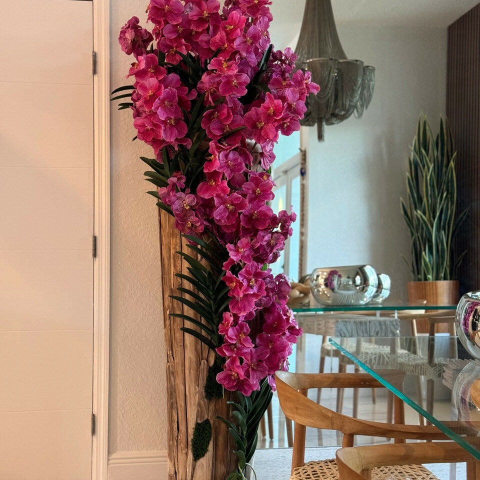Premium Large Teak Wood Vase with Natural Edges and Pink Vanda Orchids