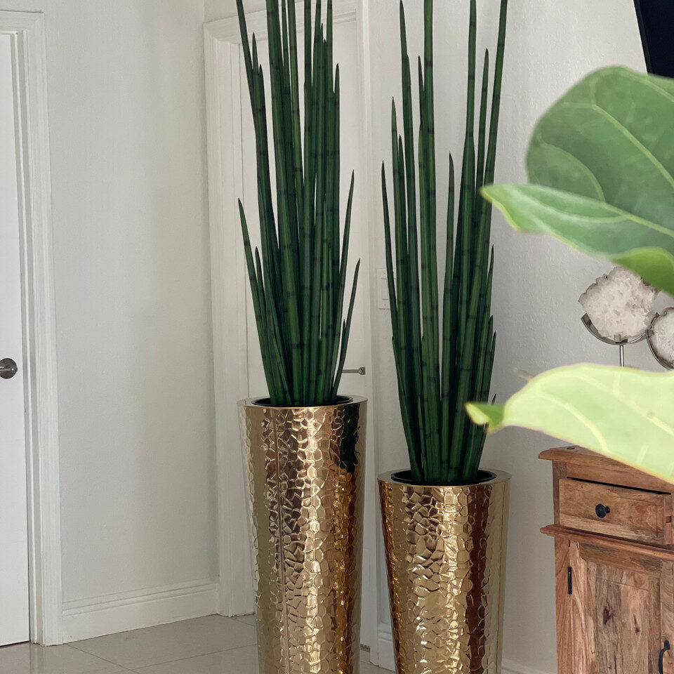 Premium Konische Vase aus goldfarbenem Edelstahl mit großem Schlangengras
