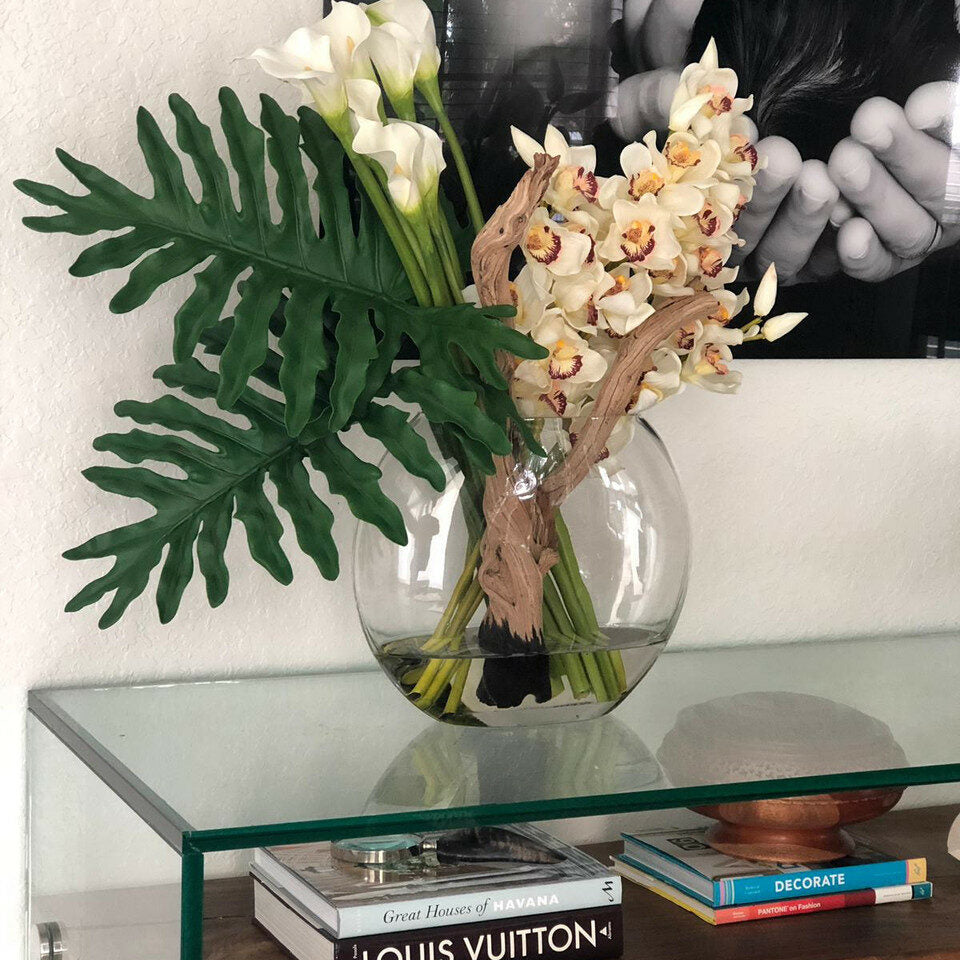 Premium Moon Vase with Cymbidium Orchids and Calla Lilies