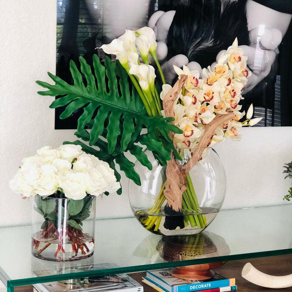 Premium Moon Vase with Cymbidium Orchids and Calla Lilies